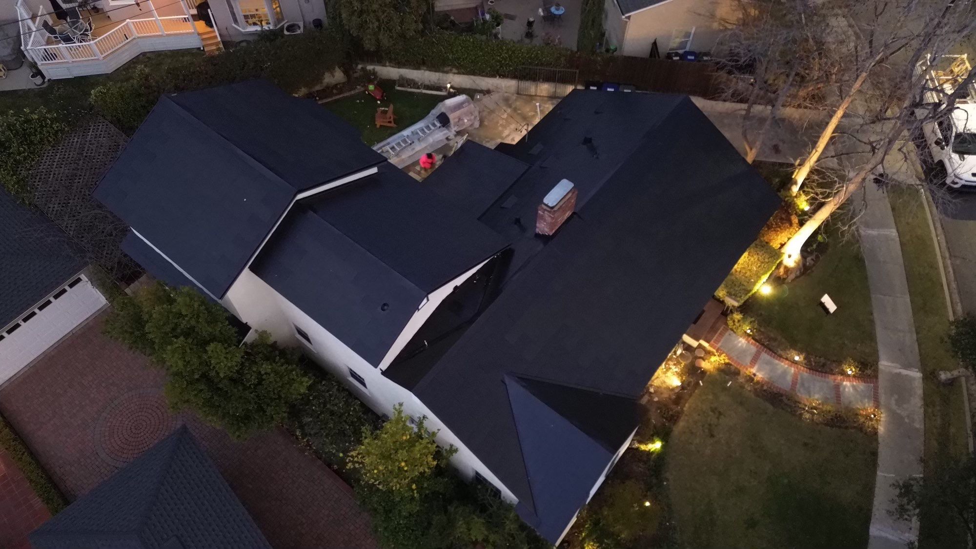 Aerial view of a completed Tesla Solar Roof installation by Vibe Solar